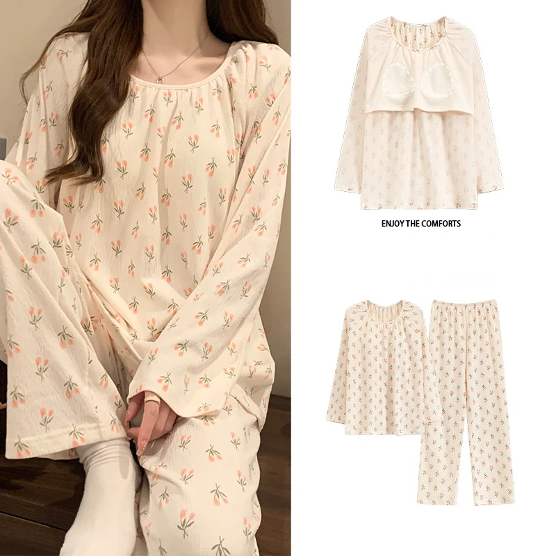 

Осенний пижамный комплект для женщин, пижама с длинным рукавом и принтом, модная одежда для сна, Женский комплект, домашняя одежда, повседневная женская ночная рубашка с круглым вырезом