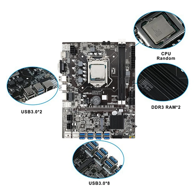 B75 Mining Motherboard+CPU+Cooling Fan+4G DDR3 RAM+SATA Cable+RJ45 Network Cable 8 USB3.0(PCIE1X) LGA1155 DDR3 SATA3.0