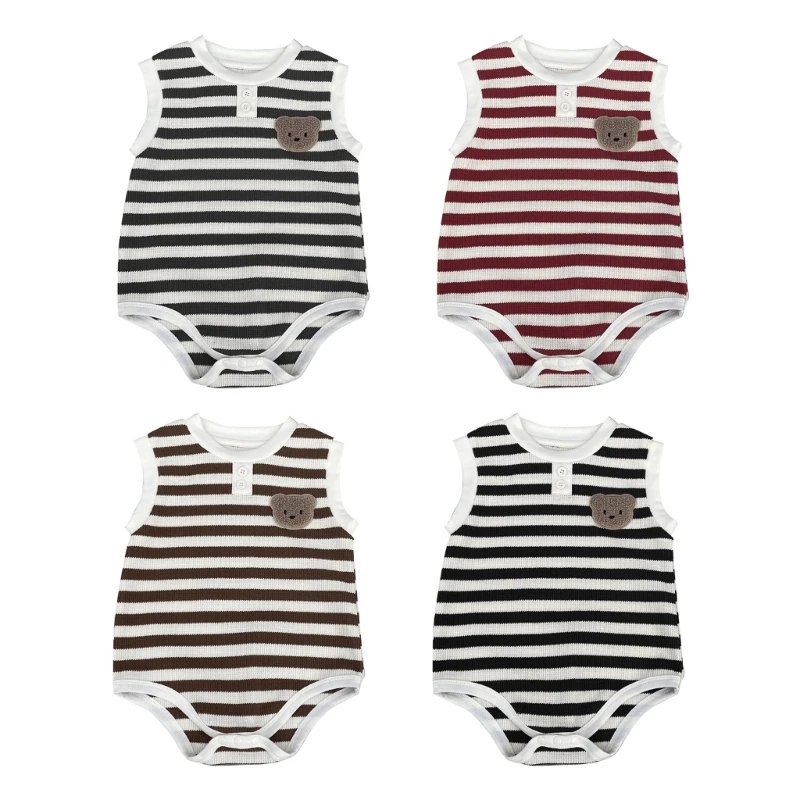 

Infant Crawling Clothes One-piece Garment Cartoon Bear Embroidery Baby Jumpsuit Striped Cotton Casual Baby Bodysuit