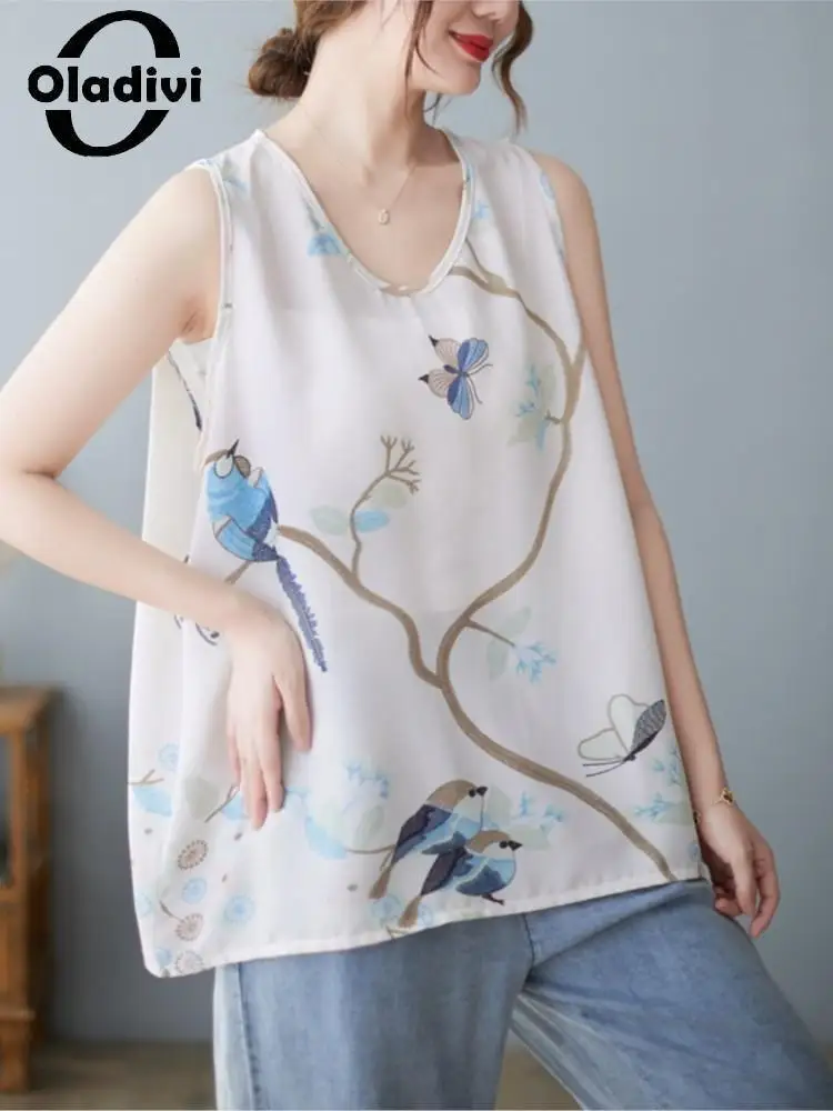 

Oladivi, большой размер, женская мода, принт, без рукавов, повседневный Свободный жилет, Новинка лета 2022, майки больших размеров d, винтажные женс...