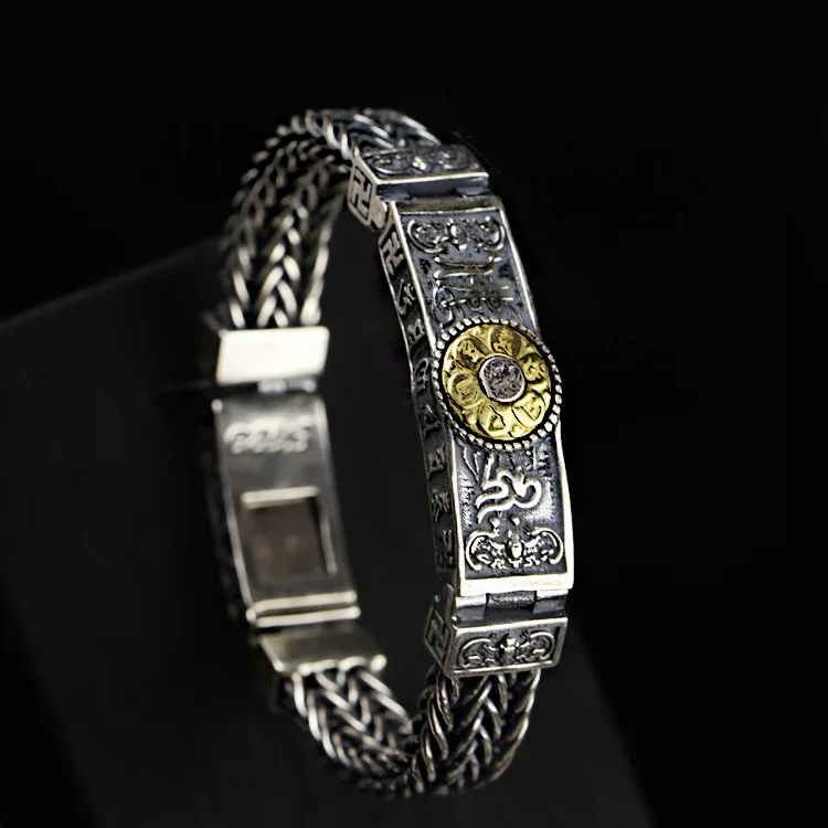 

Женский серебряный браслет-цепочка с шестью надписями буддистского мантра, мужской старинный властелирующий персональный даммирующий Бол...