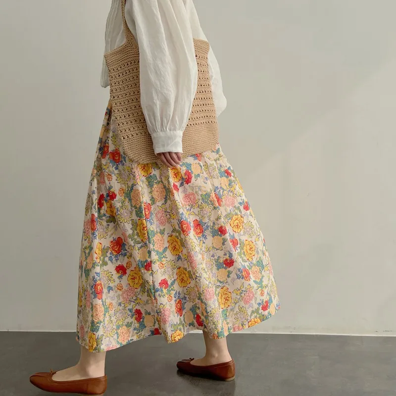 

Женская длинная юбка свободного покроя, Повседневная трапециевидная юбка с цветочным принтом, с поясом на резинке, в стиле искусства, весна-лето 2023, C790