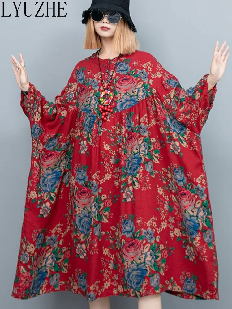 

LYUZHE Flower Cotton Hemp High Waist Large Swing Long Sleeve Dress Women 2023 Autumn New Loose Knee Length Dress ZXF685A