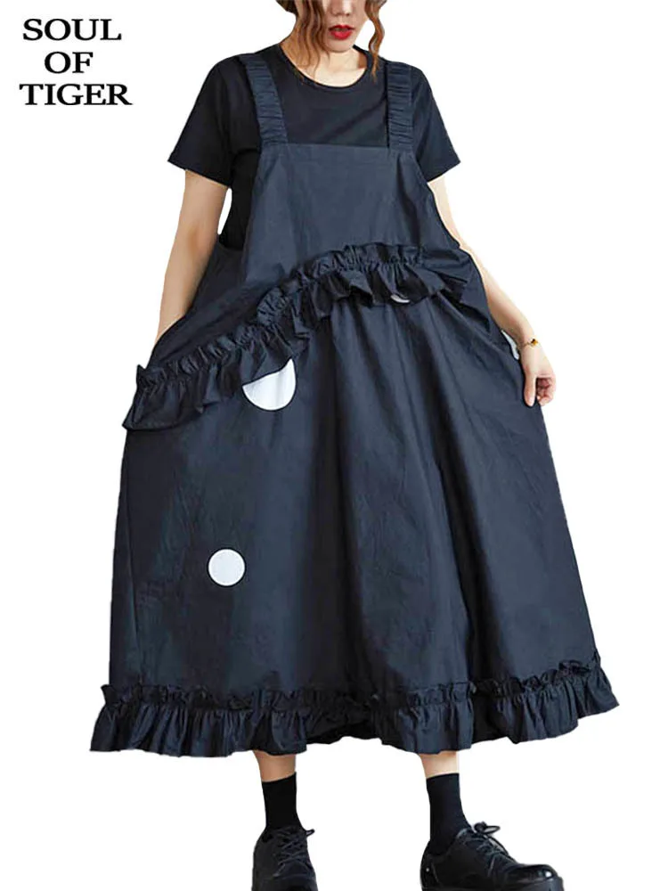 

SOUL OF TIGER 2022 Fashion Korean Designer Womens Printed Vintage Sleeveless Dresses Black Tank Clothing Casual Loose Streetwear