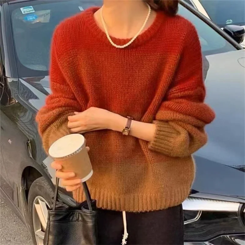 

Hsa 2023, Женская Повседневная Толстовка с круглым вырезом, топ с длинными рукавами, градиентный цвет, пуловер свободного кроя, свитер, Y2k, Топ