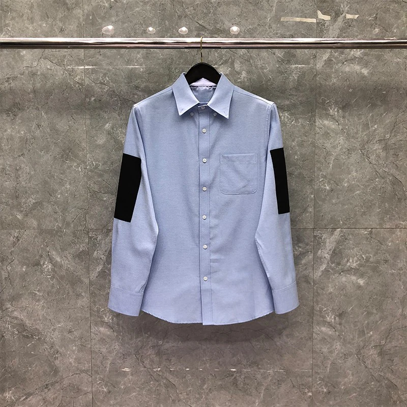 TB THOM Luxury Brand Shirts Men Slim Patch Long Sleeve Striped Casual Shirt Turn Down Collar Oxford Solid TB Men's Clothing
