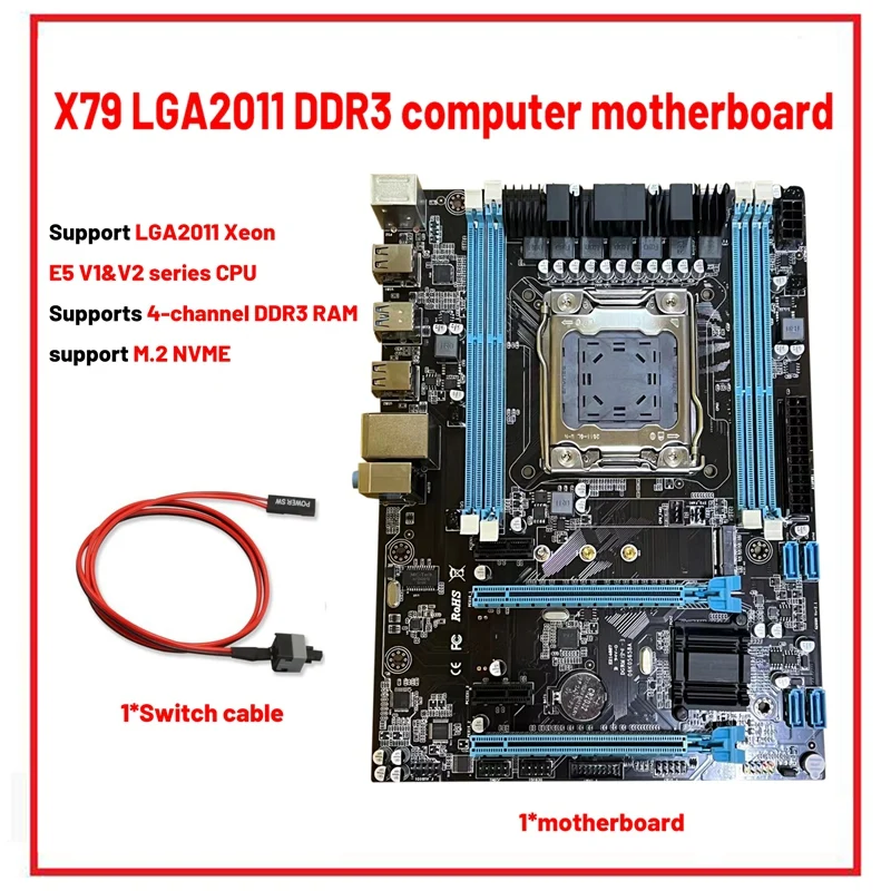 

X79-288 PC Game Motherboard+Switch Cable LGA2011 4XDDR3 REG ECC RAM Slot M.2 NVME SATA3.0 Motherboard For Xeon E5 V1/V2