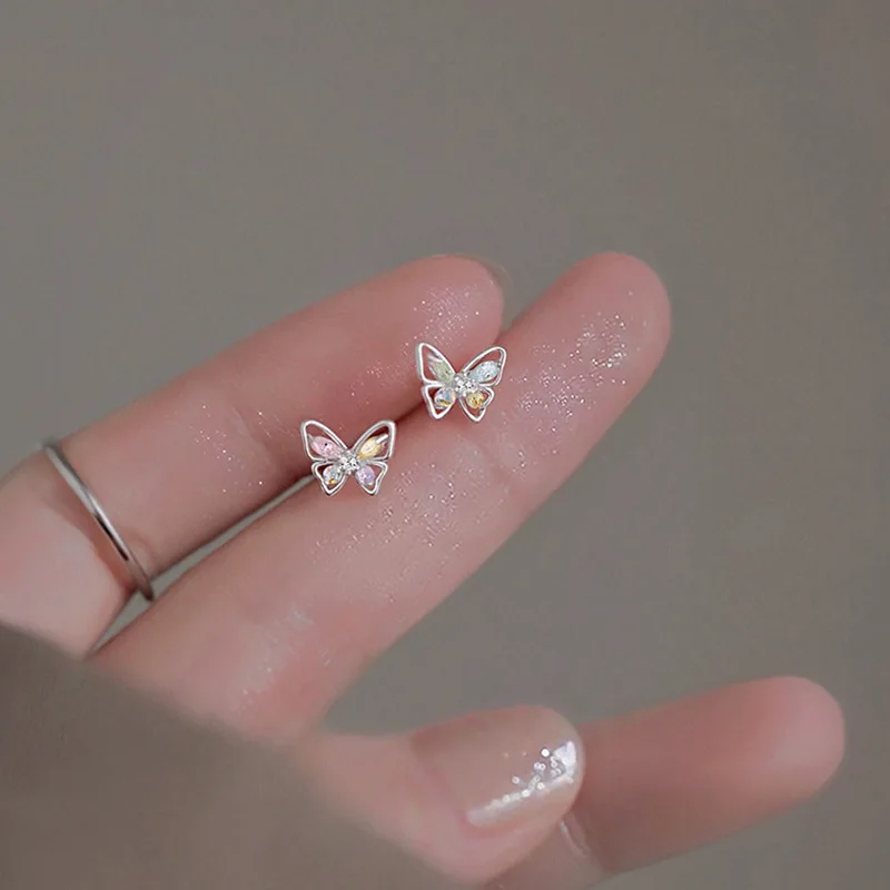 Silver Plated Ear Piercing Earrings Mini Cubic Zircon Cute Flower Butterfly Stud Earrings for Women Fashion Jewelry 2023 images - 6