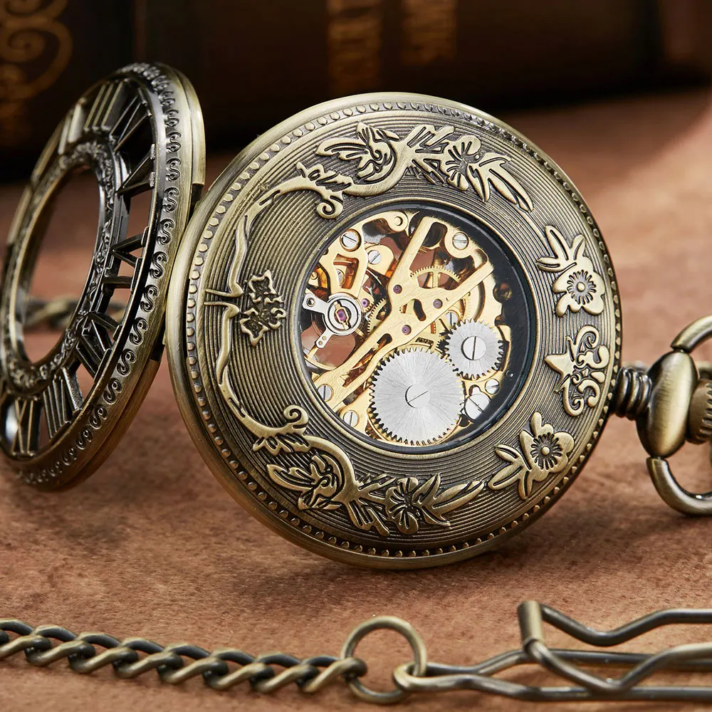 Silver Mechanical Pocket Watch With Chain Vintage Roman Numerals Hollow Sculpture Hand Wind Mechanical Pocket Watches Men