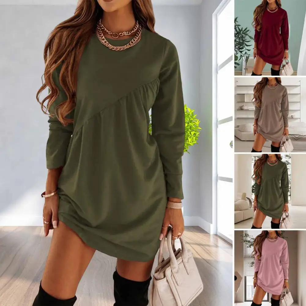

Women Pullover Dress O-Neck Irregular Loose Waist Autumn Dress Autumn Winter Solid Color Long Sleeve Mini Dress Streetwear