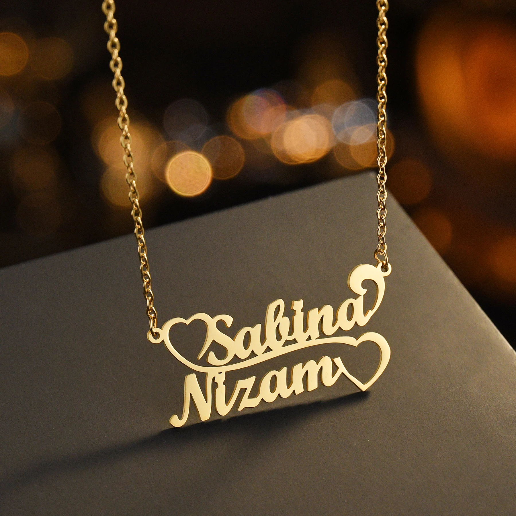 

Индивидуальное ожерелье Acheerup с двумя именами для женщин, цепочка из нержавеющей стали с кулоном в виде бесконечного сердца и коробки, ювелирные изделия, рождественский подарок