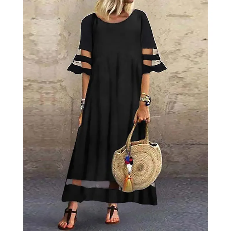 

Women Long Loose O Neck Short Sleeve Fashion Sheer Mesh Patch Flutter Sleeve Maxi Dress Casual Dress