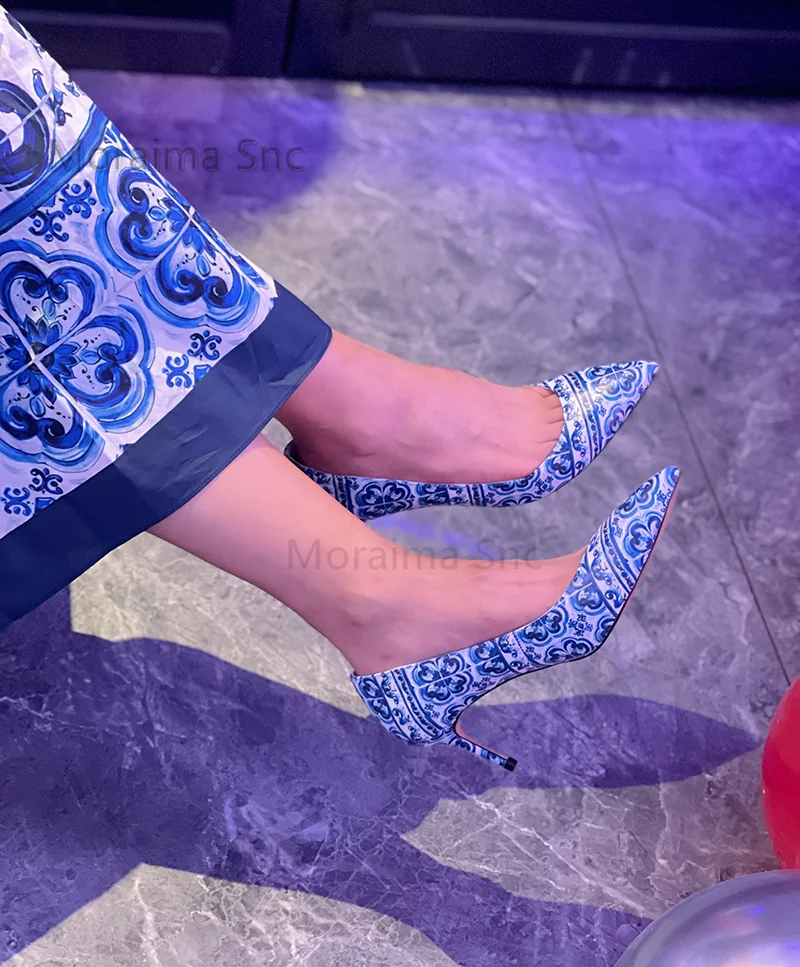 Blue and White Porcelain Printed High Heels Women Pupms Pointed Toe Stiletto Single Shoes Banquet Temperament Women's Shoes