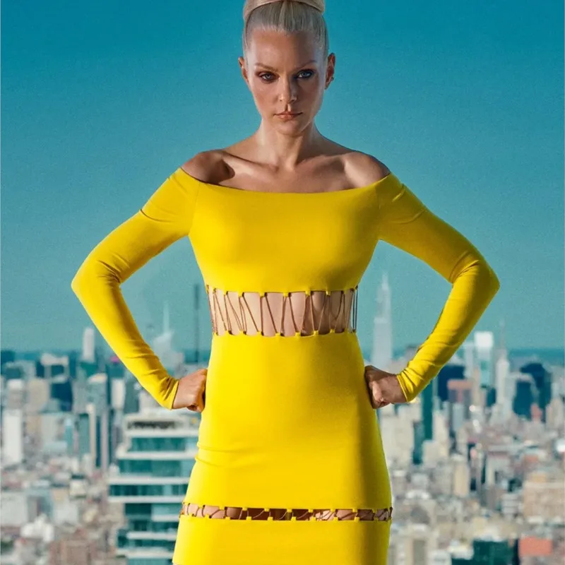 

2022 Elegant Sexy Yellow Off Shoulder Dresses For Women High Quality Long Sleeve Hollow Mini Dress Party Night Vestidos