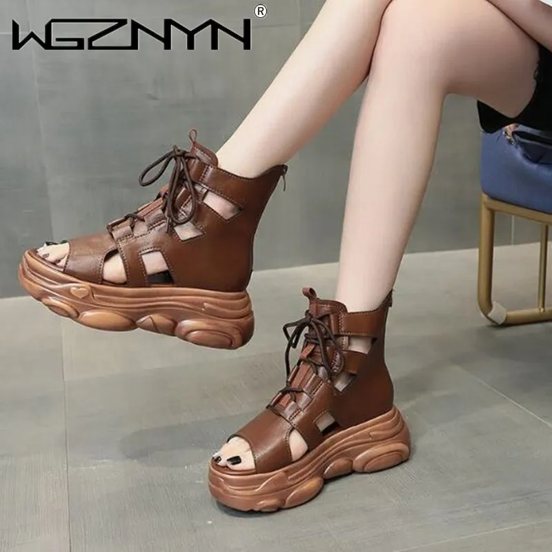 

Women Platform Sandals High Waterproof Platform Gladiator Shoes Retro British Style Flat Shoes Fashion Street Motorcycle Sandals