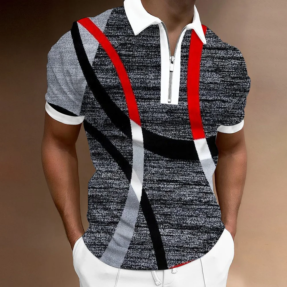 New 3D Yellow stripe printing polo shirt high-quality business people slim-fit color printed classic zipper lapel short sleeve