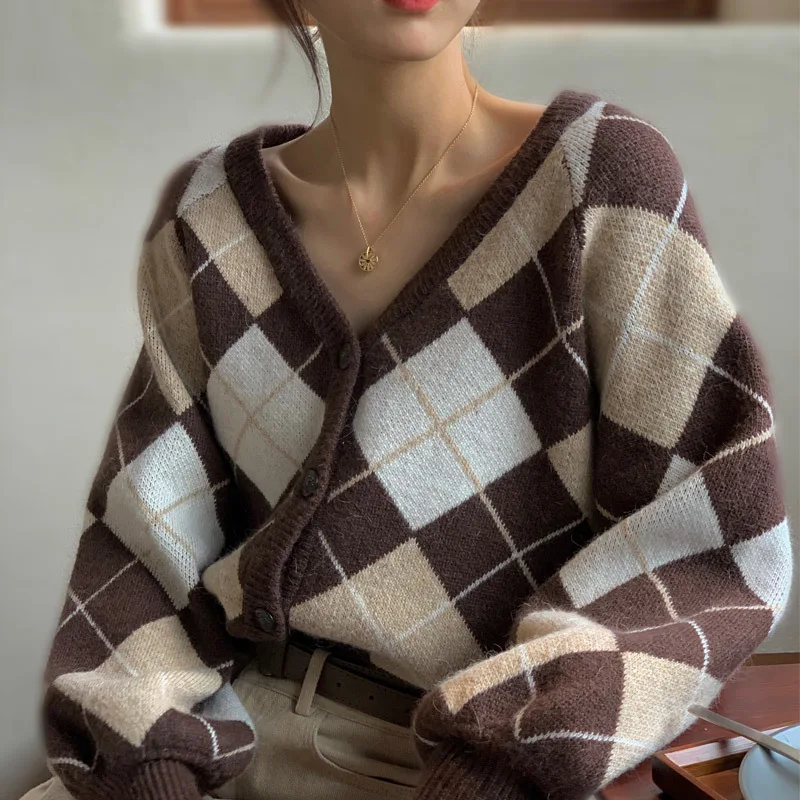 

Зимний Кардиган, женские винтажные вязаные свитера с узором ромбиками, повседневный однобортный короткий кардиган с V-образным вырезом, женская модель 2022