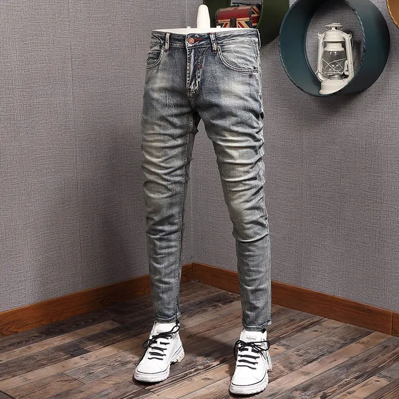Fashion Trendy Men Jeans Retro Washed Gray Blue Elastic Stretch Slim Ripped Jeans Men Embroidery Designer Vintage Denim Pants