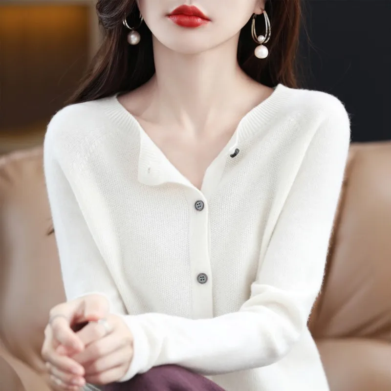 

Женский кардиган с круглым вырезом, укороченный тонкий трикотажный свитер с длинными рукавами, корейский стиль, одежда из 100% шерсти, весна