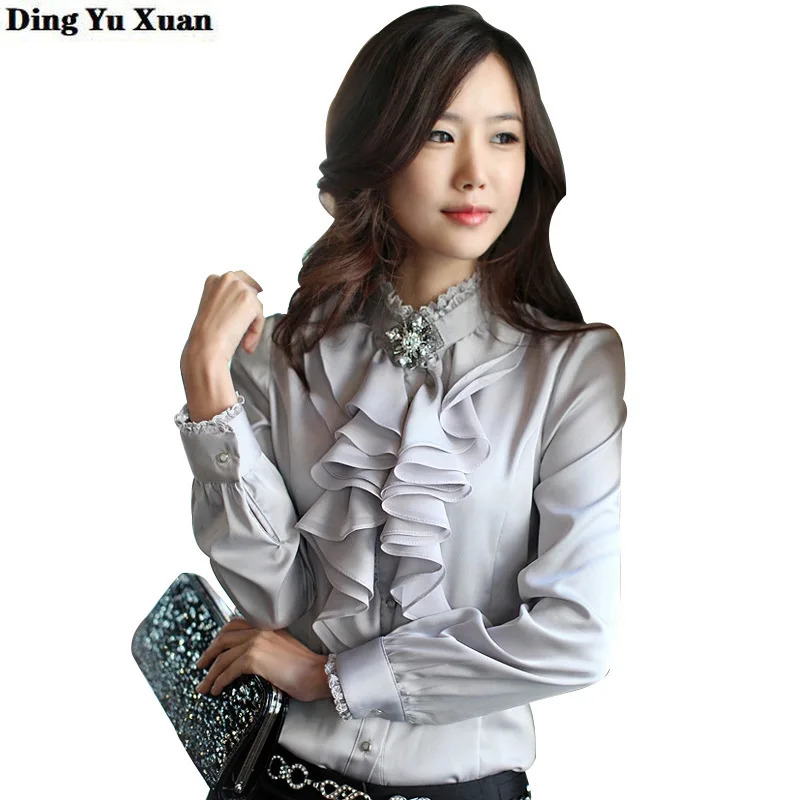 

Women Black White Pink Grey Work Shirt Office Ladies Lace Stand Collar Ruffles Fashion Shirts Long Sleeve Satin OL Tops Blouses