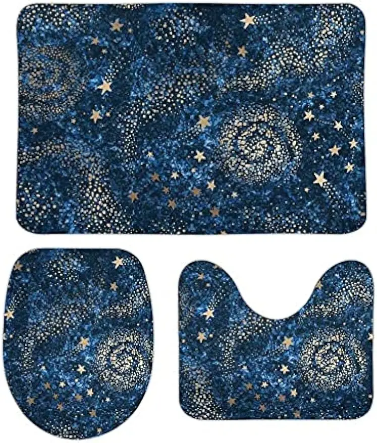 

Bathroom Mat Rug Set Non Slip Including U-Shaped Contour Mat Toilet Seat Cover Galaxy Dark Blue Gold Nebula Extra Soft Coral