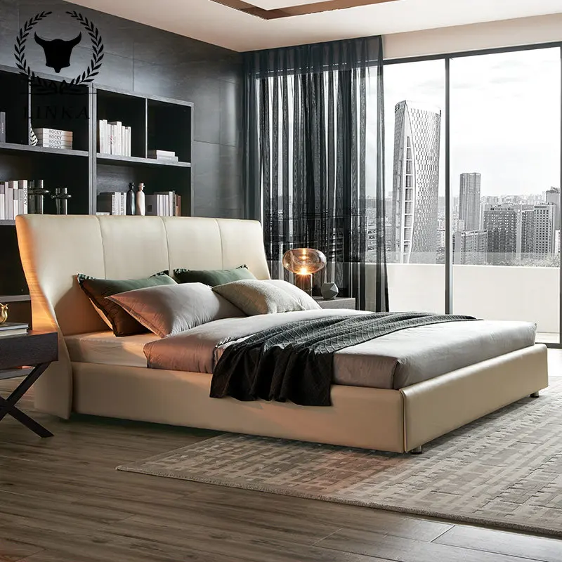 

Итальянская Минималистичная кожаная современная простая двойная кровать, искусственная кожа, роскошная кожаная кровать в скандинавском стиле, свадебная кровать