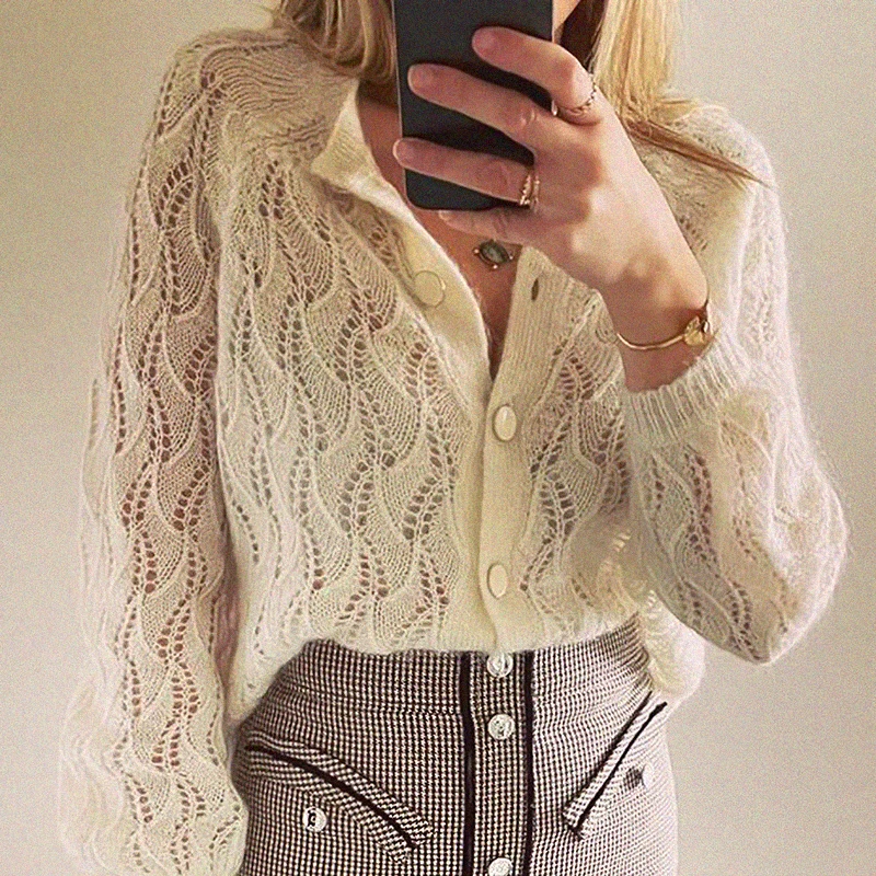 

Mohair Knitwear Gilet 2022 Autumn Woman Long Sleeve Round Neck Elegant Cardigan Ladies Winter Casual Chic Vintage Sweater Jumper