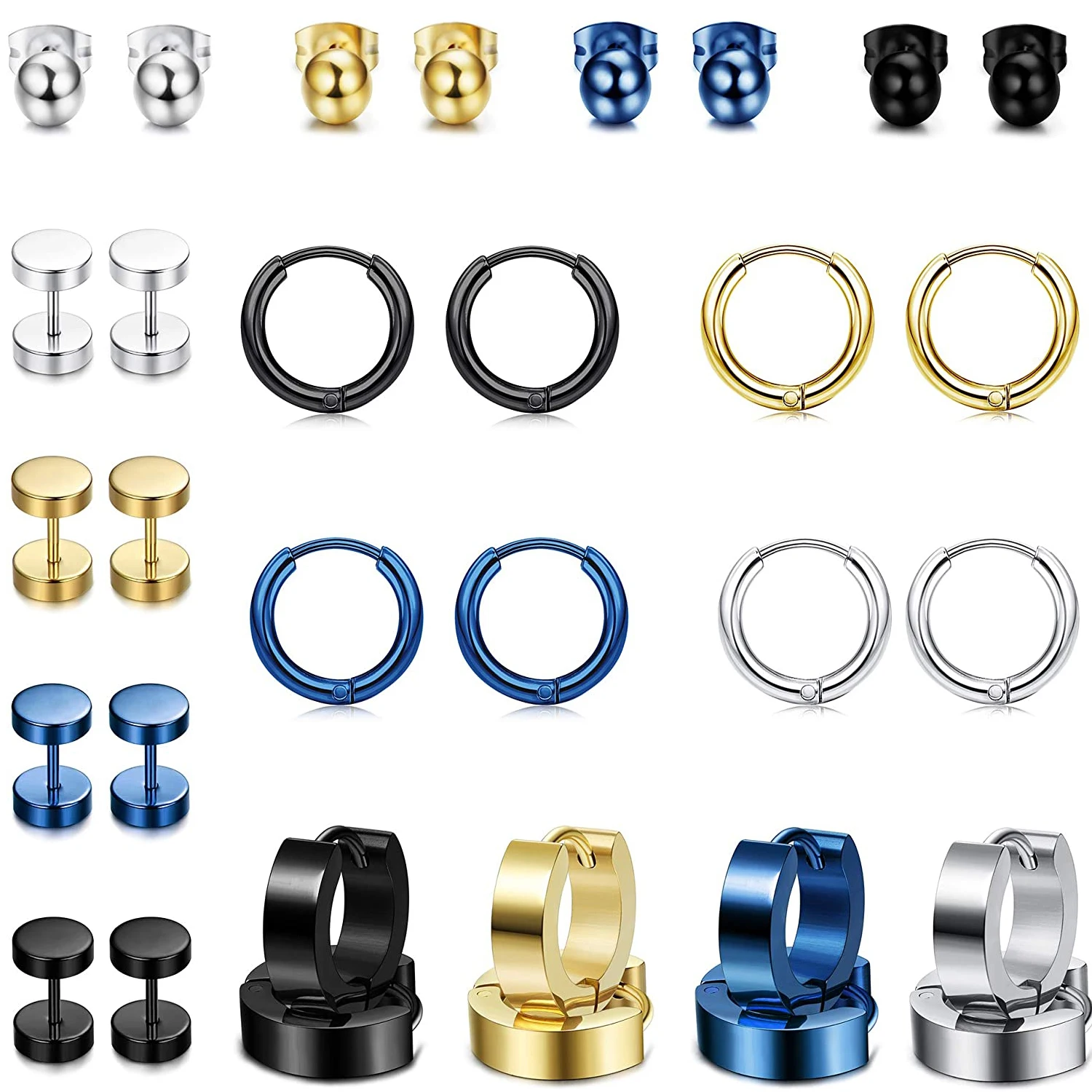 

16 Pairs Men Stainless Steel Stud Earrings for Women Huggie Hoop Piercing Ear Jewelry Set For Women Men Teen