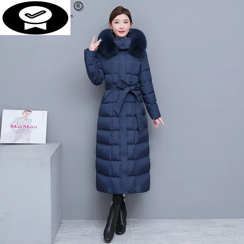 

Jackets Down Women's Winter Women Luxury Real Fox Collar Long Down Coat Ladies 90 White Duck Down Thickened Hooded Jacket