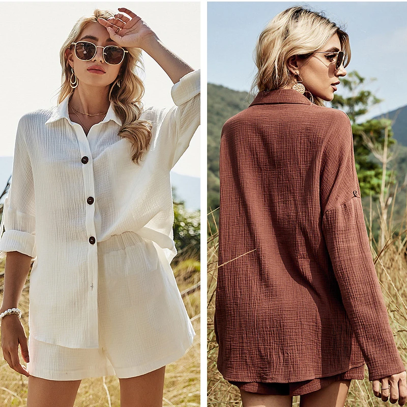 

Spring Summer Women Cotton Two Piece Set Long SleevesTracksuit Casual White Brown Shirt Blouse Tops Linen Shorts Outfit Suits