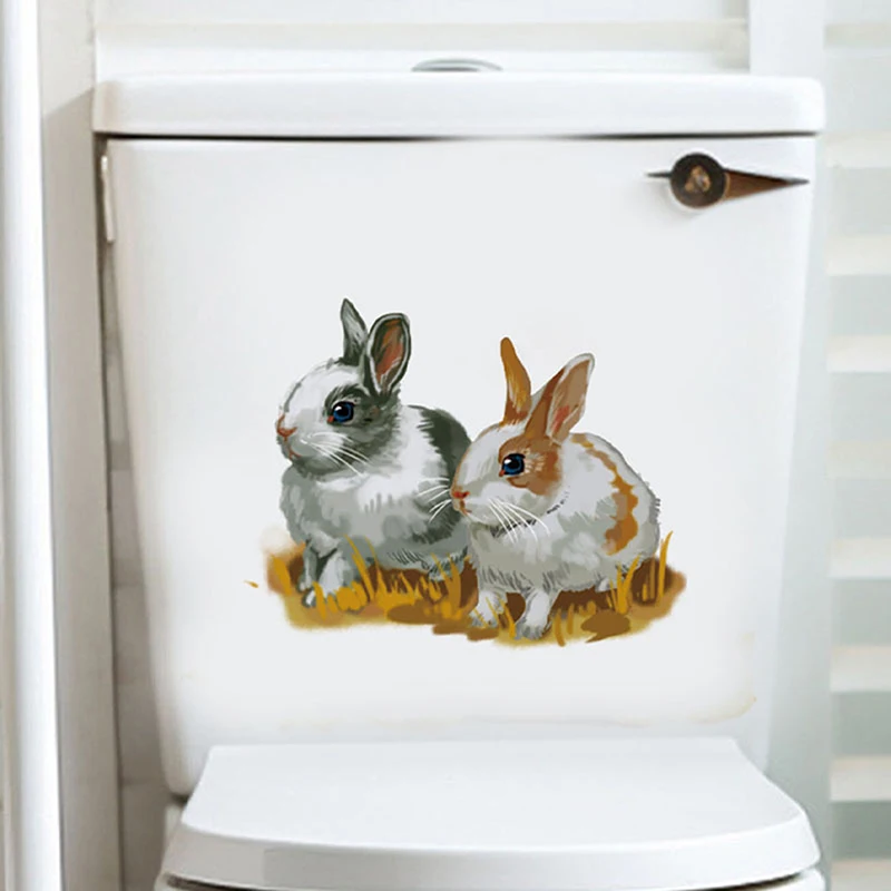 Забавный стикер на стену с мультяшным кроликом декор для ванной комнаты туалета