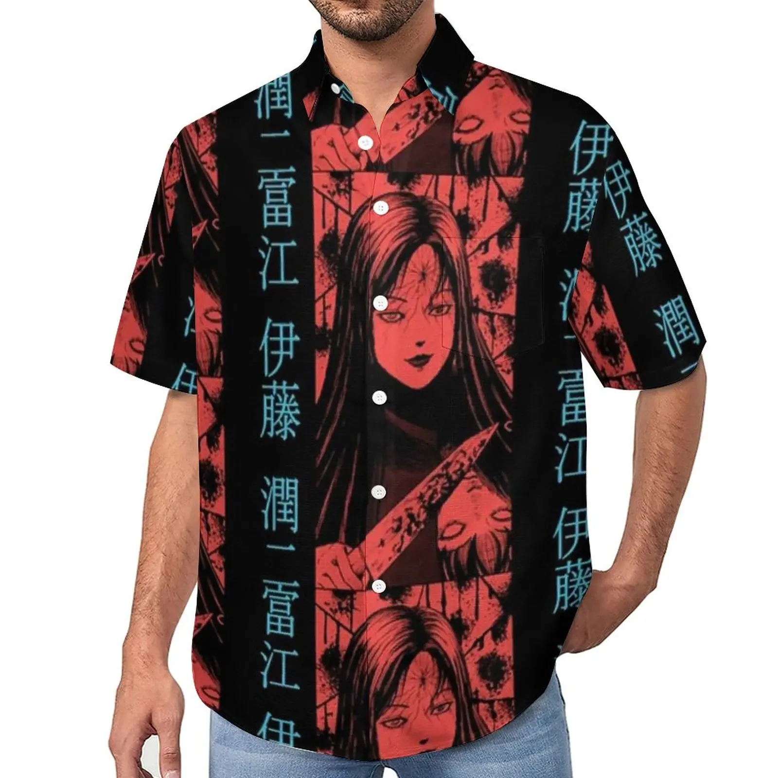 

Junji Ito Casual Shirt Horror Japanese Cartoon Vacation Loose Shirt Hawaii Cool Blouses Short Sleeve Graphic Oversized Clothing