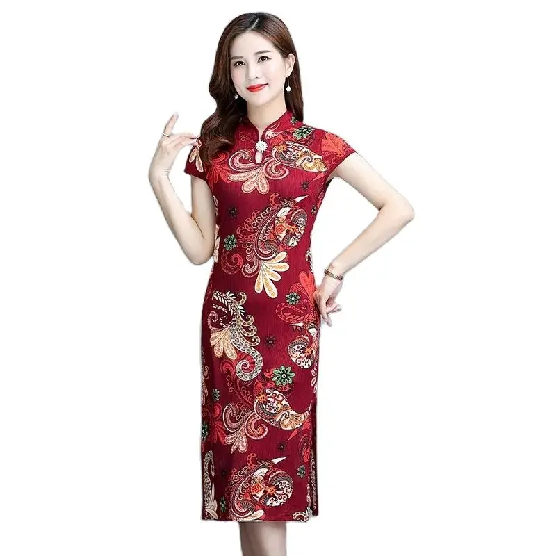 

Summer Large Size Chinese Style Retro Slim Long Printed Cheongsam Dress Middle-aged And Elderly Women Fashion Casual Skirt.5XL