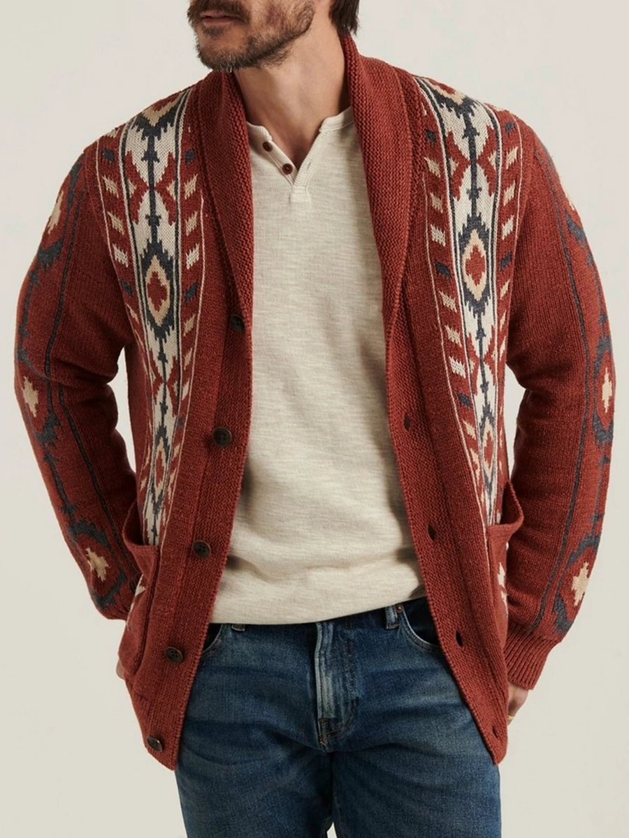 Мужской трикотажный кардиган на пуговицах с V-образным вырезом и длинными