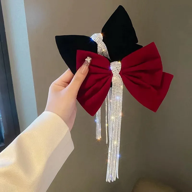 Крупный бант стразы кисточки корейские Бархатные заколки для волос тканевые