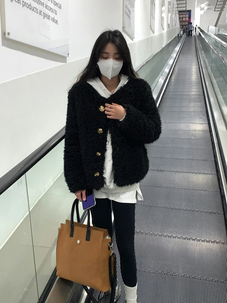 New Lazy Style Autumn All-Matching Loose Black Tassel Furry Coat Women's Single-breasted Environmental Fur Short Jacket