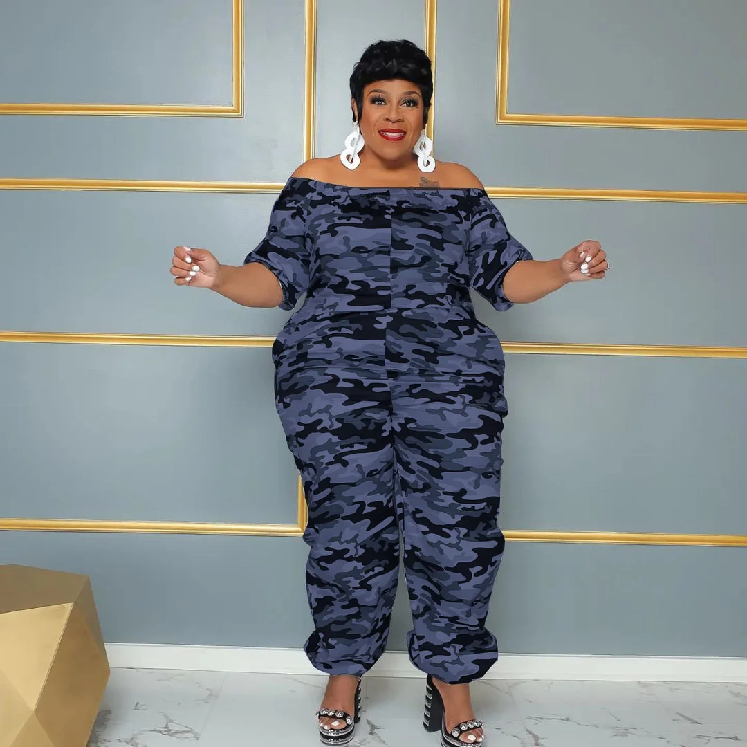 Plus Size 2023 Street Fashion New Camo Print Loose One Line Neck Short Sleeve Pocket High Waist Women's Casual Jumpsuit
