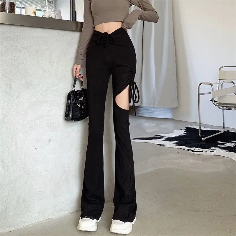 Spring Summer New High Waisted Slim Hollow Out Flared Pants Solid Lacing Drawstring Trousers Sexy Fashion Women Clothing