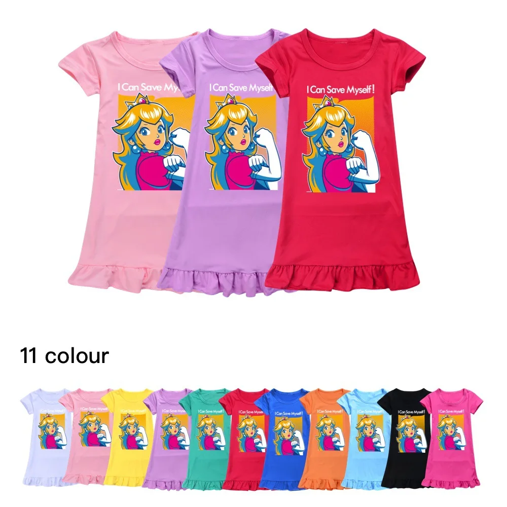 

princess peach Girls Dress Summer Cartoon Nightgown Children Clothes Short Sleeve Pajamas Princess Dress Kids Sleepwear
