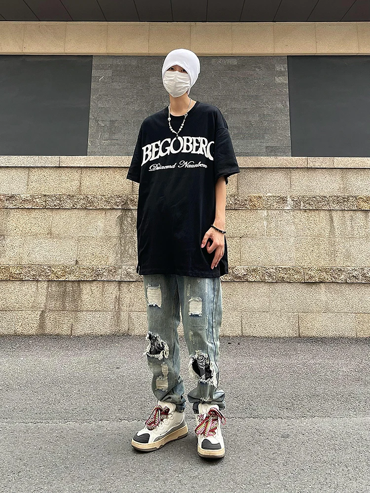 Men's ClothingHip HopRipped Straight JeansKorea Fashion ClothingMen's JeansKorean High Street Styley2kStreetwearLuxury Jeans