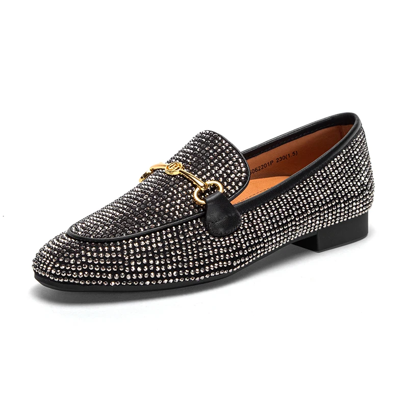 

Women's Shoes Loafers Casual Shoes Flat Leather Loafer Black Sequins Rhinestones Fisherman Shoes