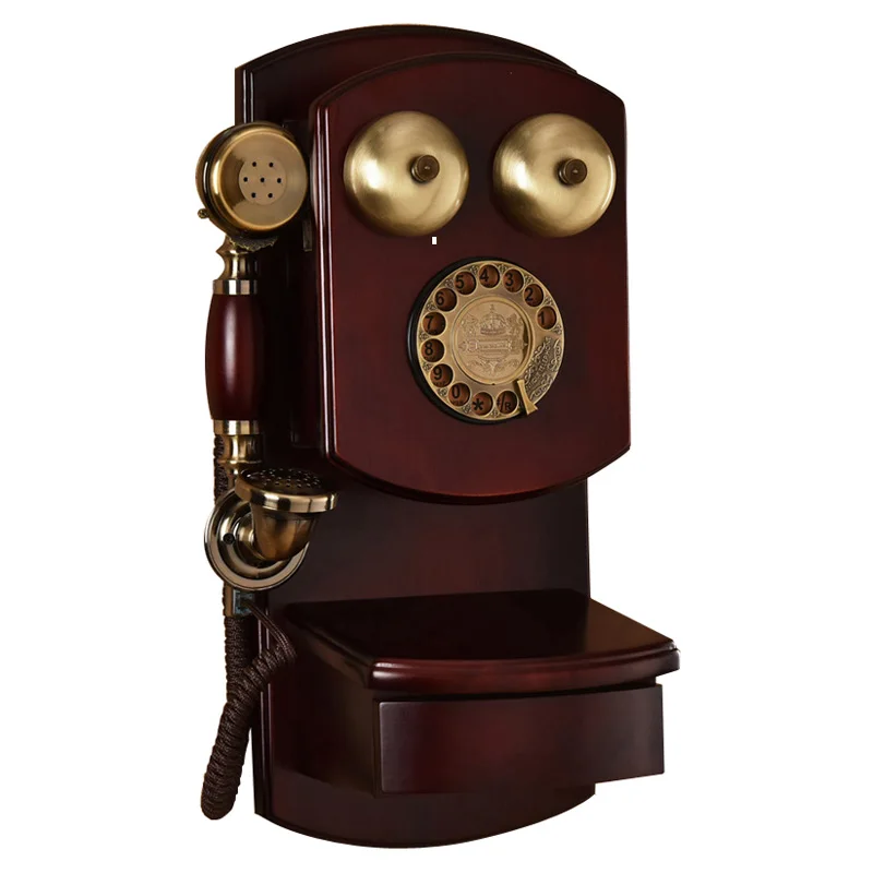 Retro Revolve Landline Wood Vintage Fixed Telephone Wall Mounted Home Old Mechanical Bell rotary Dial Antique Phone Decoration