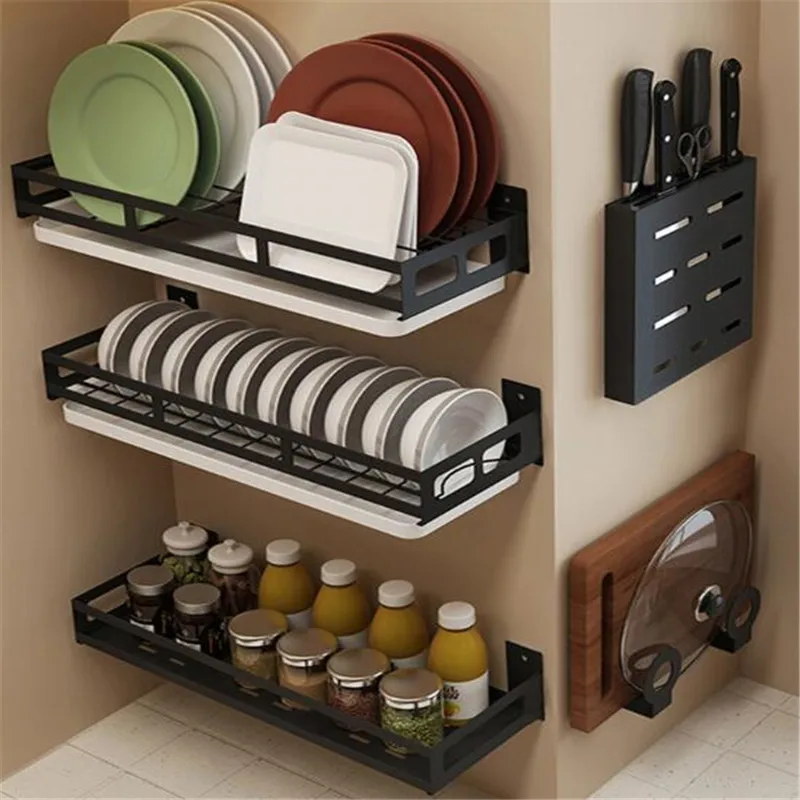 Kitchen Organizer And Storage Bowl Plate Knife Storage Black Dish Drain Rack Corner Shelf