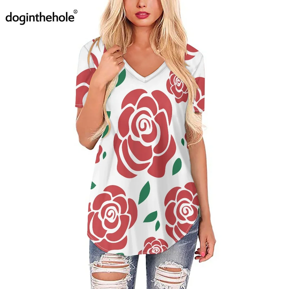 

Doginthehole Summer T-shirt Women Short Sleeve Beach Party Rose Print Polyester V Neck Oversized Streetwear Slim Fit Loose Top