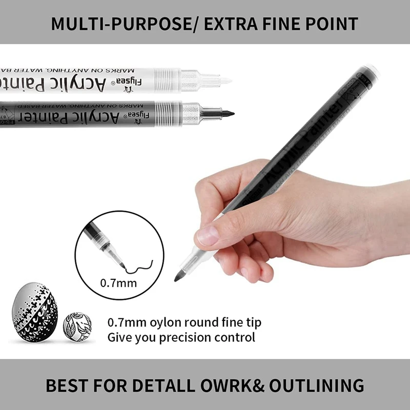 Акриловые ручки для росписи 6 штук черные белые маркеры для росписи на камне, керамике, стекле, дереве, пластике, металле.