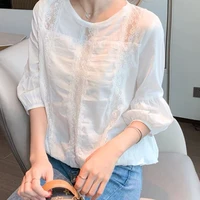 korean fashion lace patchwork o neck white pullovers blouses summer casual womens clothing lantern sleeve loose all match shirt