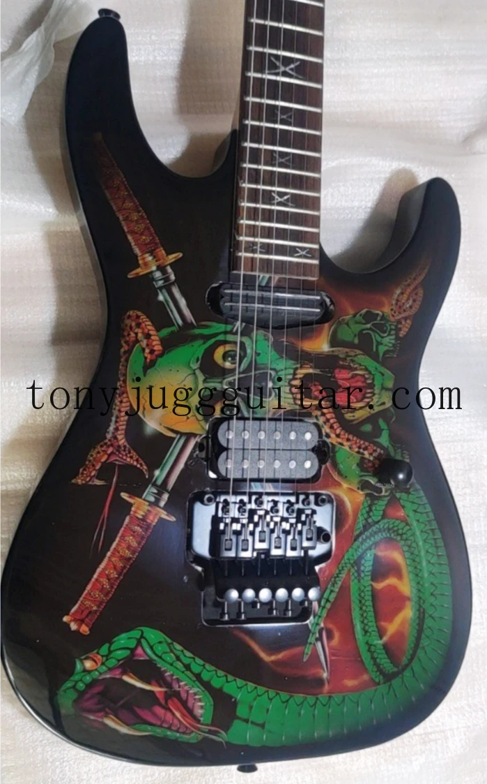 

Фирменная электрическая гитара с черепами & змеями George Lynch Floyd Rose Tremolo Bridge, фиксирующая гайка, черная фурнитура, пикапы SH