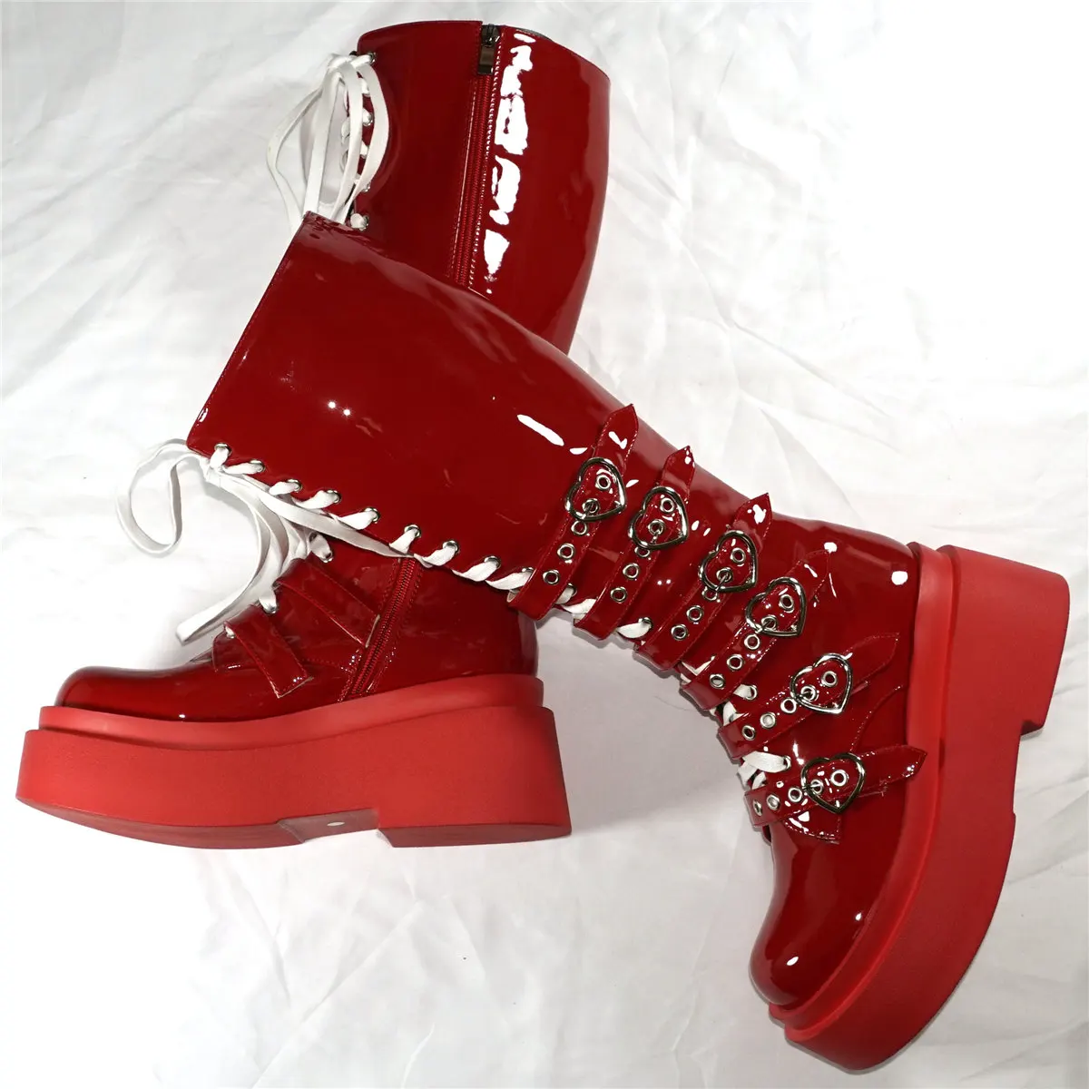 Fashion Sneakers Women Lace Up Patent Leather Super High Heels Thigh High Boots Female Round Toe Platform Pumps Casual Shoes