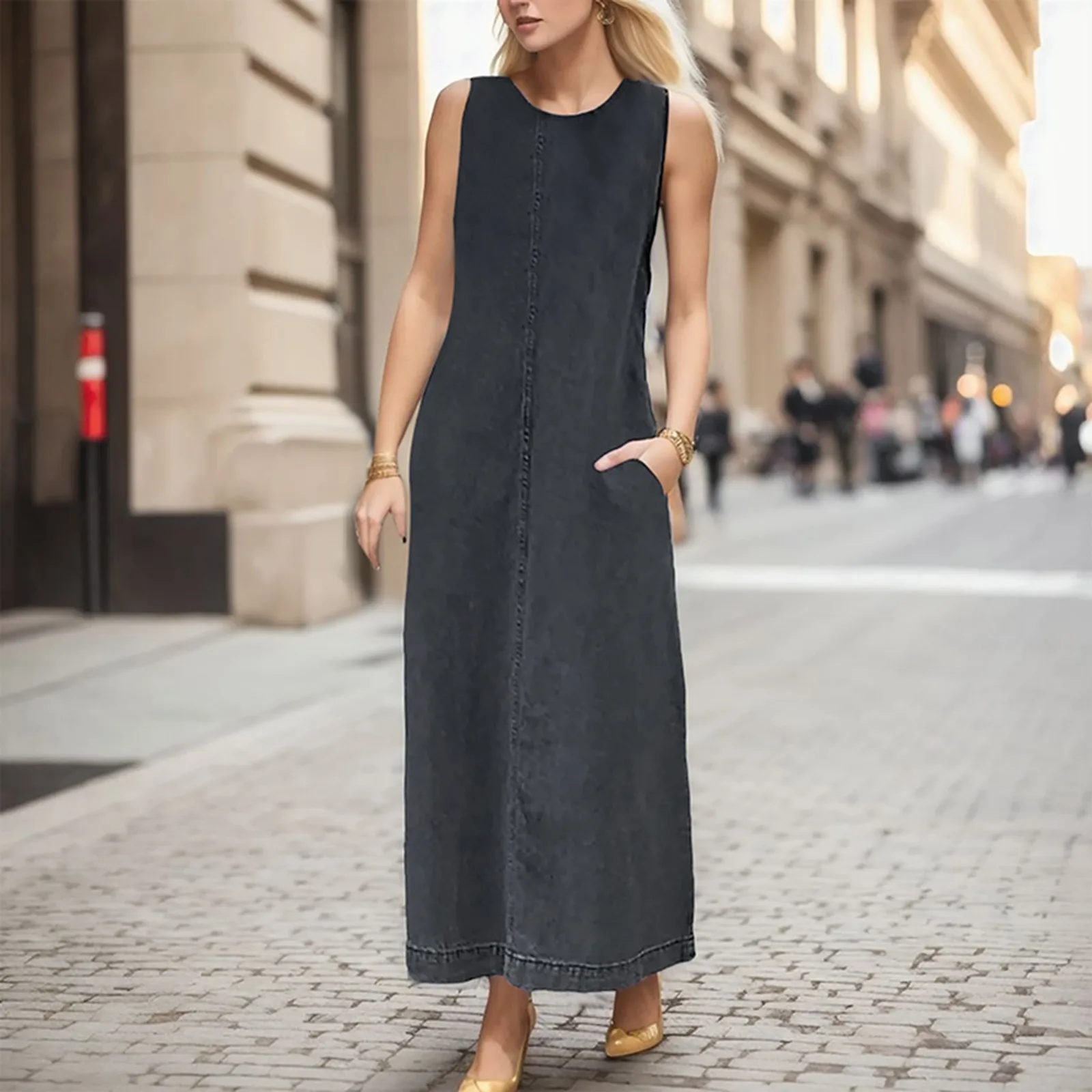 

Women's Fashion Long Dress Round Neck Sleeveless Pocket Loose Long Vest Denim Robe Dress in Dresses
