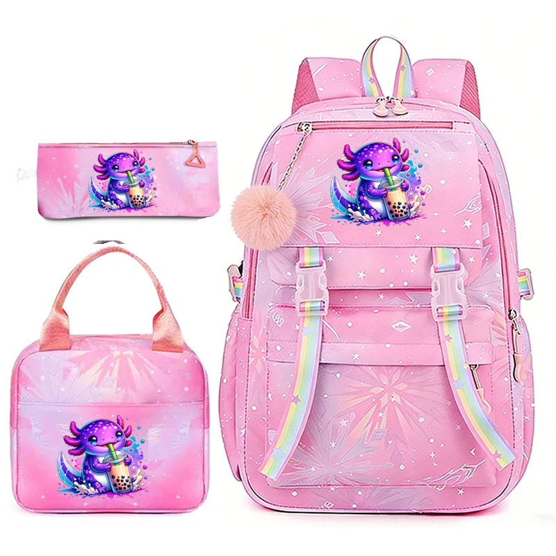 Фото Рюкзак Rainbow Axolotl Boba в стиле аниме для подростков, 3 предмета, школьный рюкзак для девочек и мальчиков с коробкой для обеда, легкий детский рюкзак, набор Mochilas, подарок №3